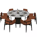 Modern Round Dining Table And Orange Chair Set With Marble Top And Black Legs
