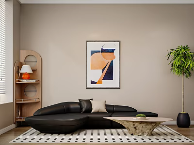 Black Sectional Sofa And Modern Coffee Table Set With Abstract Art Striped Rug 3d model