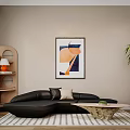 Black Sectional Sofa And Modern Coffee Table Set With Abstract Art Striped Rug