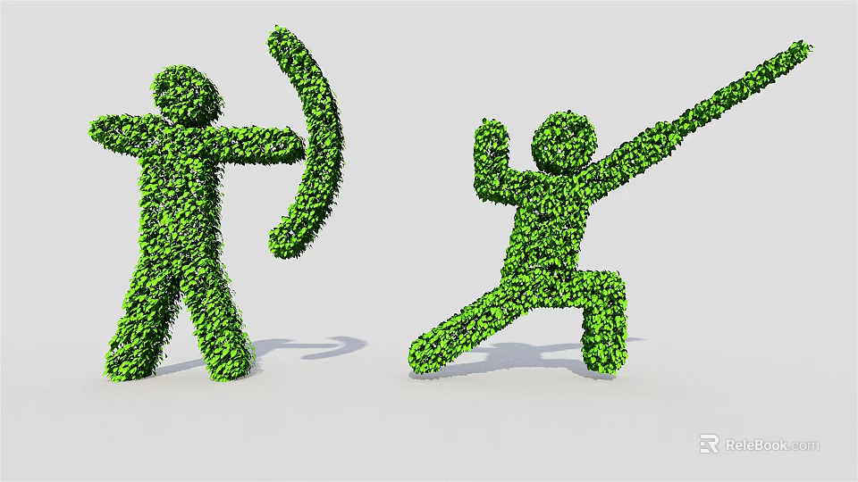 Creative Bush Topiary Shaped as Human Figures With Bow and Martial Arts Pose 3d model 