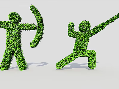 Creative Bush Topiary Shaped as Human Figures With Bow and Martial Arts Pose 3d model