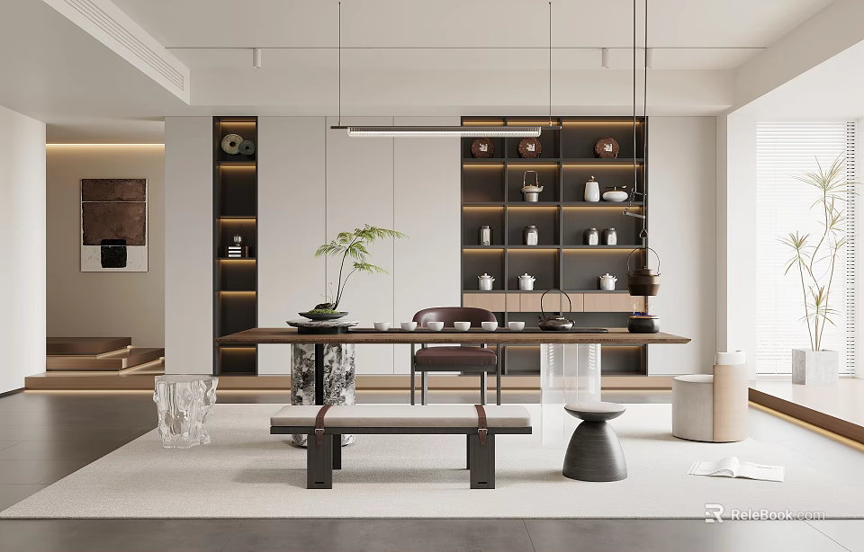 Modern Teahouse Interior With Long Table Teaware Shelves And Plants 3d model 