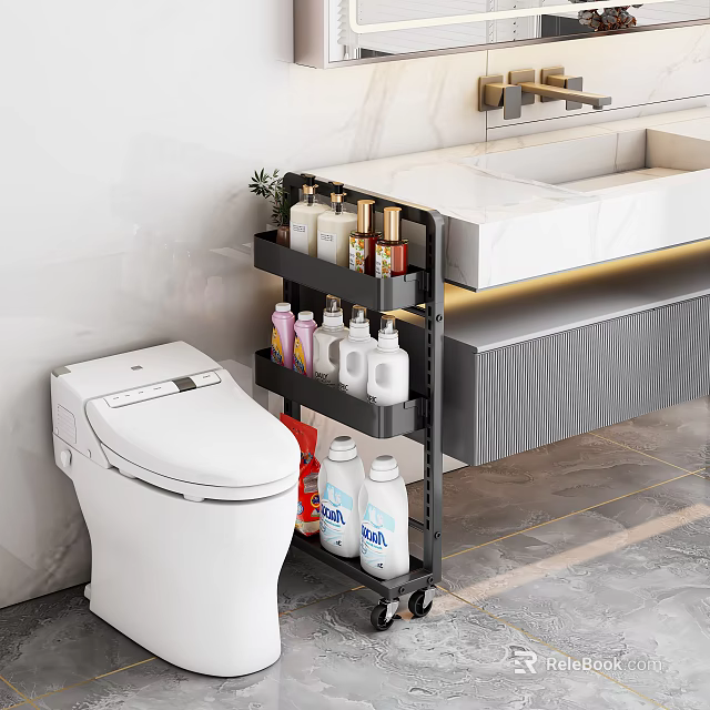 Modern Bathroom Multi tier Rolling Cabinet Rack With Smart Toilet Vanity Sink And Toiletries 3d model 