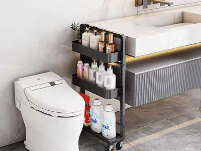 Modern Bathroom Multi tier Rolling Cabinet Rack With Smart Toilet Vanity Sink And Toiletries 3d model