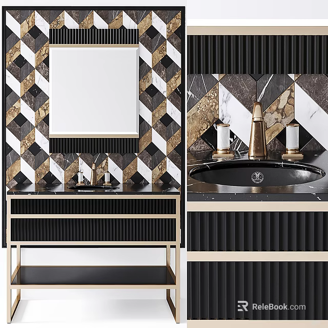 Bathroom Vanity With Geometric Patterned Wall In Black White Gold Marble Countertop And Gold Faucet 3d model 