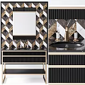 Bathroom Vanity With Geometric Patterned Wall In Black White Gold Marble Countertop And Gold Faucet