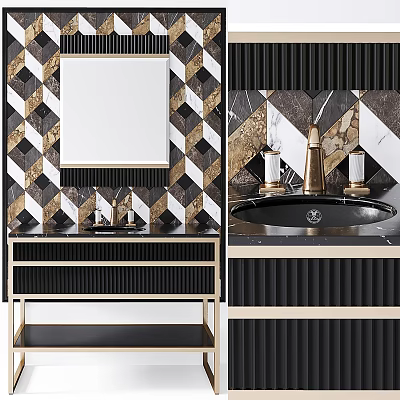 Bathroom Vanity With Geometric Patterned Wall In Black White Gold Marble Countertop And Gold Faucet 3d model
