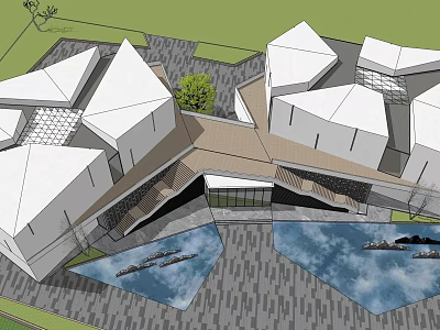 Modern Semi Detached Villa Exterior with Geometric Roofs Courtyard and Water Features 3d model