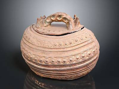 Carved Sculptural Pottery Jar With Lid Handles And Intricate Circular Patterns 3d model