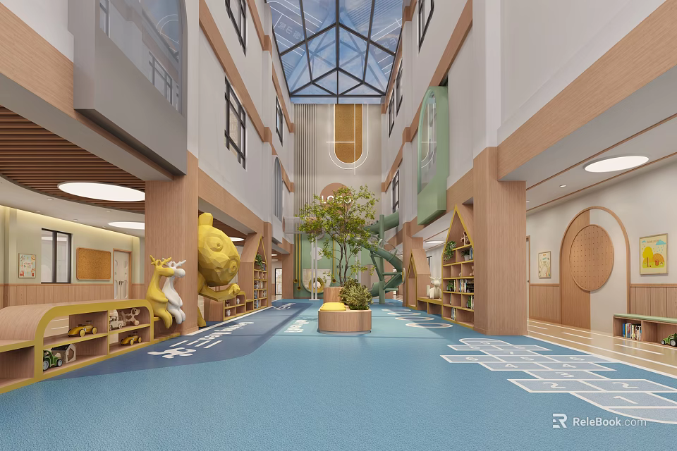 Kindergarten Interior Design With Blue Floor Wooden Decor Glass Ceiling And Green Plants 3d model 
