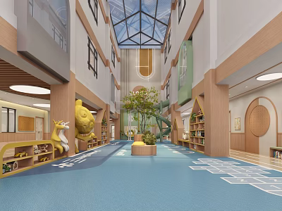 Kindergarten Interior Design With Blue Floor Wooden Decor Glass Ceiling And Green Plants 3d model