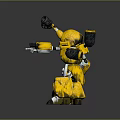 Yellow Robot Character With Green Eyes And Mechanical Arms Holding Weapons
