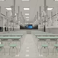 Modern Laboratory Interior With Lab Tables Stools Overhead Lighting And Large Screen 3d model