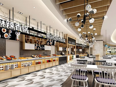 Modern Shopping Mall Food Store With Display Counters Dining Tables And Pendant Lights 3d model