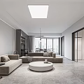 Modern Open Living Dining Room Interior With Gray Sofa Round Coffee Table And TV Wall