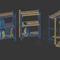 Three Wooden Shelves for Household Items with Barrels and Storage Compartments