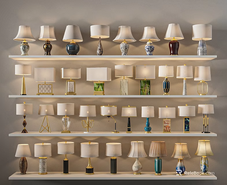 Various Designed Table Lamps Displayed On Multiple Shelves With Different Bases And Shades 3d model 