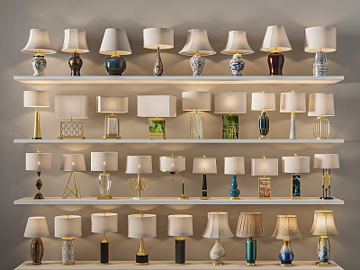 Various Designed Table Lamps Displayed On Multiple Shelves With Different Bases And Shades 3d model