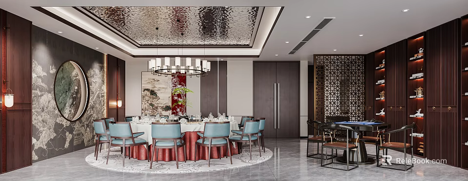 Private Dining Room Interior With Round Table Blue Chairs And Chandelier 3d model