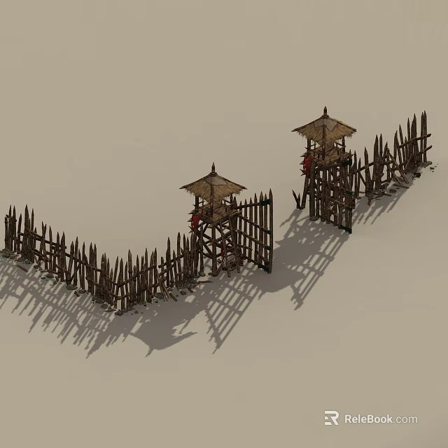 Rustic Wooden Palisade Fence With Two Watchtowers And Guards Standing 3d model 