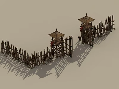 Rustic Wooden Palisade Fence With Two Watchtowers And Guards Standing 3d model