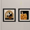 Black Framed Abstract Paintings White Flowers in Pot and Orange Pumpkin with Spots
