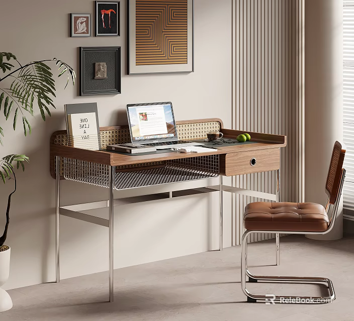 Stylish Home Office Workspace With Desk Laptop TO DO Calendar Plant And Chair 3d model 