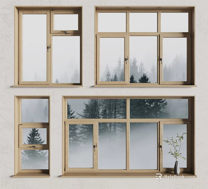 Modern Wooden Casement Windows On Exterior Wall With Foggy Forest View And Vase Plant 3d model 