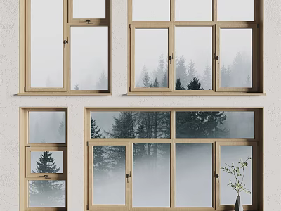 Modern Wooden Casement Windows On Exterior Wall With Foggy Forest View And Vase Plant 3d model