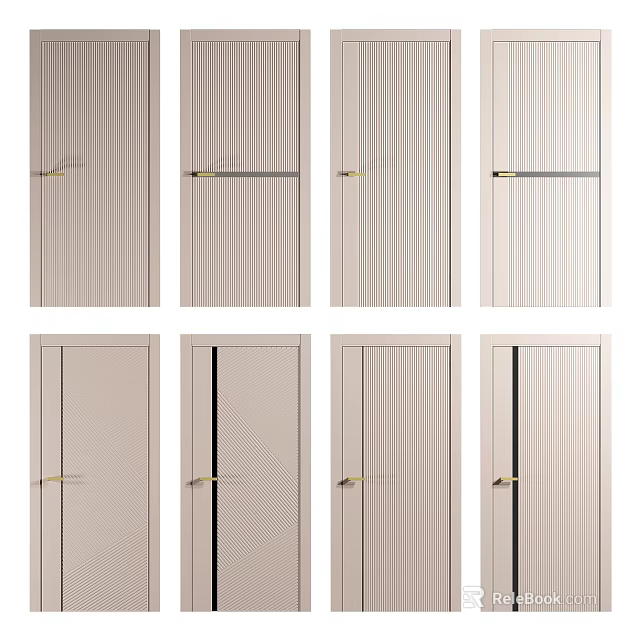 Modern Hinged Doors with Various Designs Beige Striped Texture Black Strips and Golden Handles 3d model 