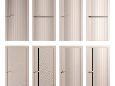 Modern Hinged Doors with Various Designs Beige Striped Texture Black Strips and Golden Handles 3d model