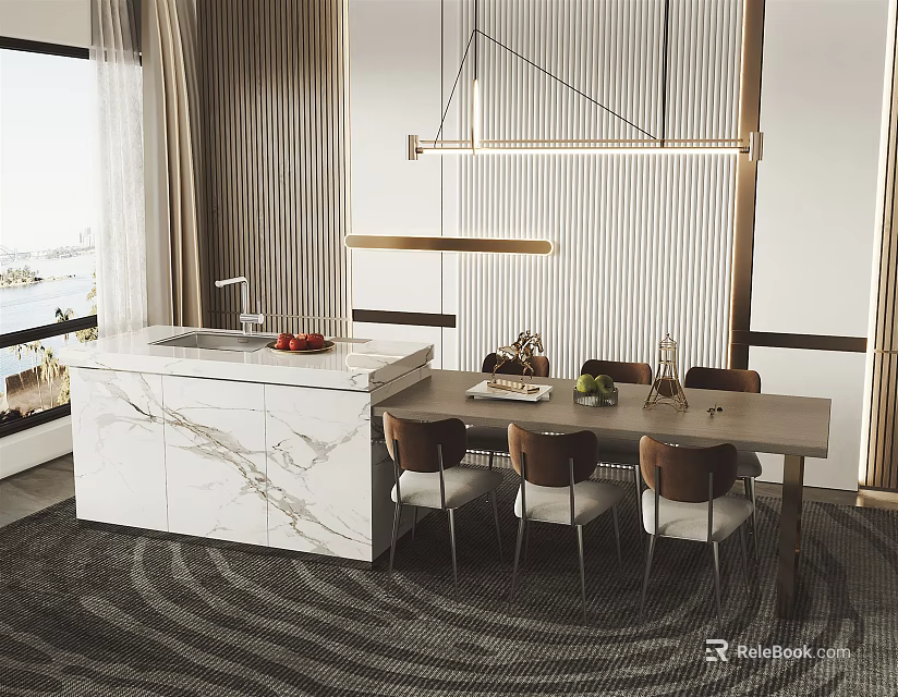 Modern Dining Table Set with Chairs Marble Island Counter Hanging Light and Patterned Rug 3d model