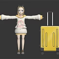 3D Cat Ear Character In Yellow White Hoodie Standing With Arms Outstretched By Yellow Suitcase