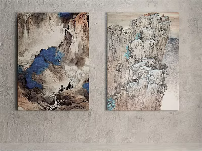 Traditional Chinese Landscape Paintings With Mountains Rocks And Blue Accents On Gray Wall 3d model