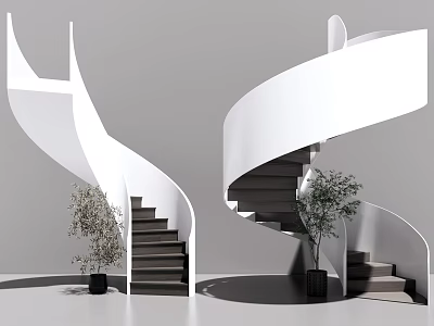 Modern White Spiral Staircases Interior With Dark Steps And Potted Plants Design 3d model