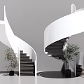 Modern White Spiral Staircases Interior With Dark Steps And Potted Plants Design