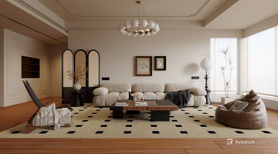 Modern Living Room Design With Beige Sofa Wooden Coffee Table Black White Rug And Chandelier 3d model 