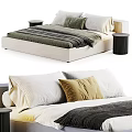 Modern Gray Velvet Double Bed With White Yellow Green Pillows Striped Blanket And Black Nightstands