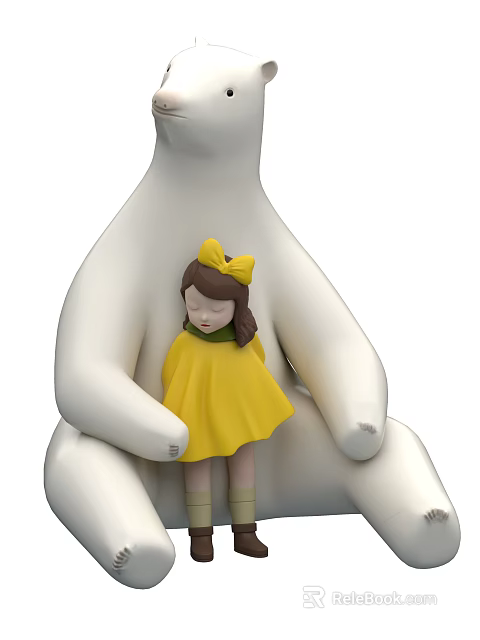Big White Stuffed Doll Holding Sleepy Little Girl in Yellow Dress and Bow 3d model 