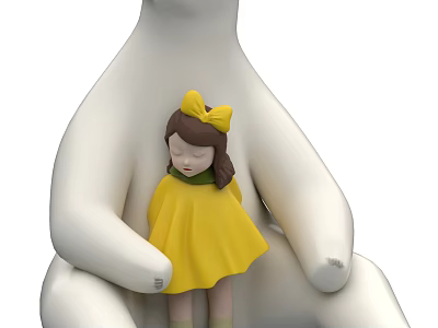 Big White Stuffed Doll Holding Sleepy Little Girl in Yellow Dress and Bow 3d model
