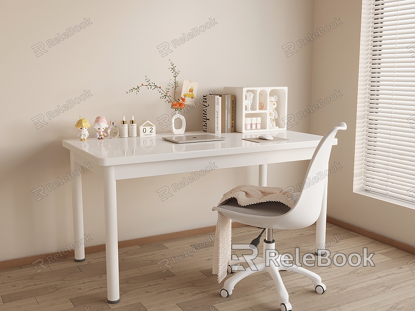 Cream Style Desk and Chair Combination Laptop Book Ornaments Vase Flora Rotating Chair model