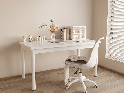 Minimalist White Desk Setup With Decorations Books Vase Photo Frame Blinds And White Chair 3d model