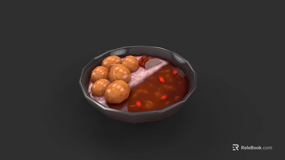 Delicious Bowl of Brown Meatballs with Pink and Red Sauce 3d model 