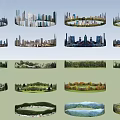 Various Circular Landscape Designs Featuring Urban Skyline And Natural Scenery