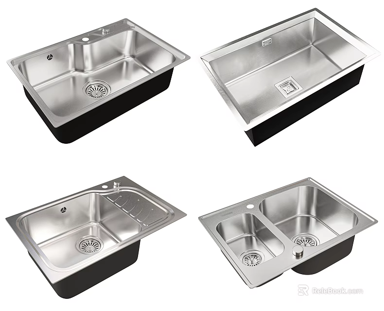 Stainless Steel Kitchen Sinks Featuring Single And Double Bowl Designs With Faucet And Drain 3d model 