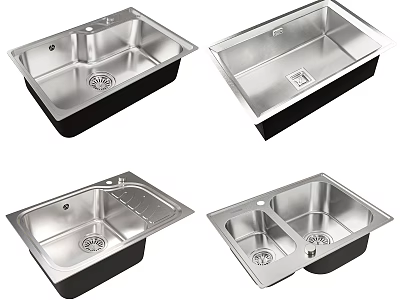 Stainless Steel Kitchen Sinks Featuring Single And Double Bowl Designs With Faucet And Drain 3d model