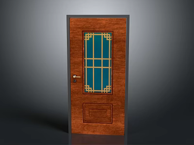 Wooden Front Door With Blue Glass Panel And Golden Decorative Frame 3d model