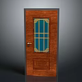 Wooden Front Door With Blue Glass Panel And Golden Decorative Frame