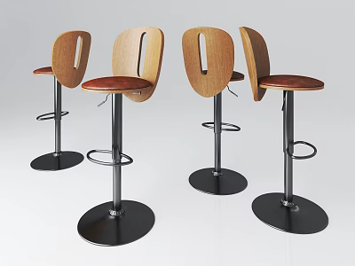 Modern Adjustable Bar Stools With Wooden Backrest Seat And Metal Base 3d model