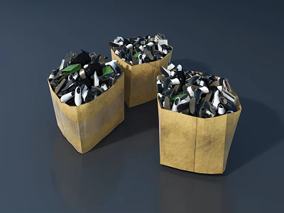 Three Yellow Paper Bags Filled With Black And White Shoes 3d model